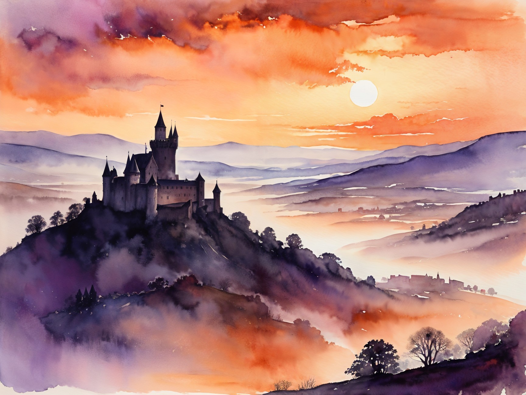 Majestic castle at sunset with vibrant sky and hills