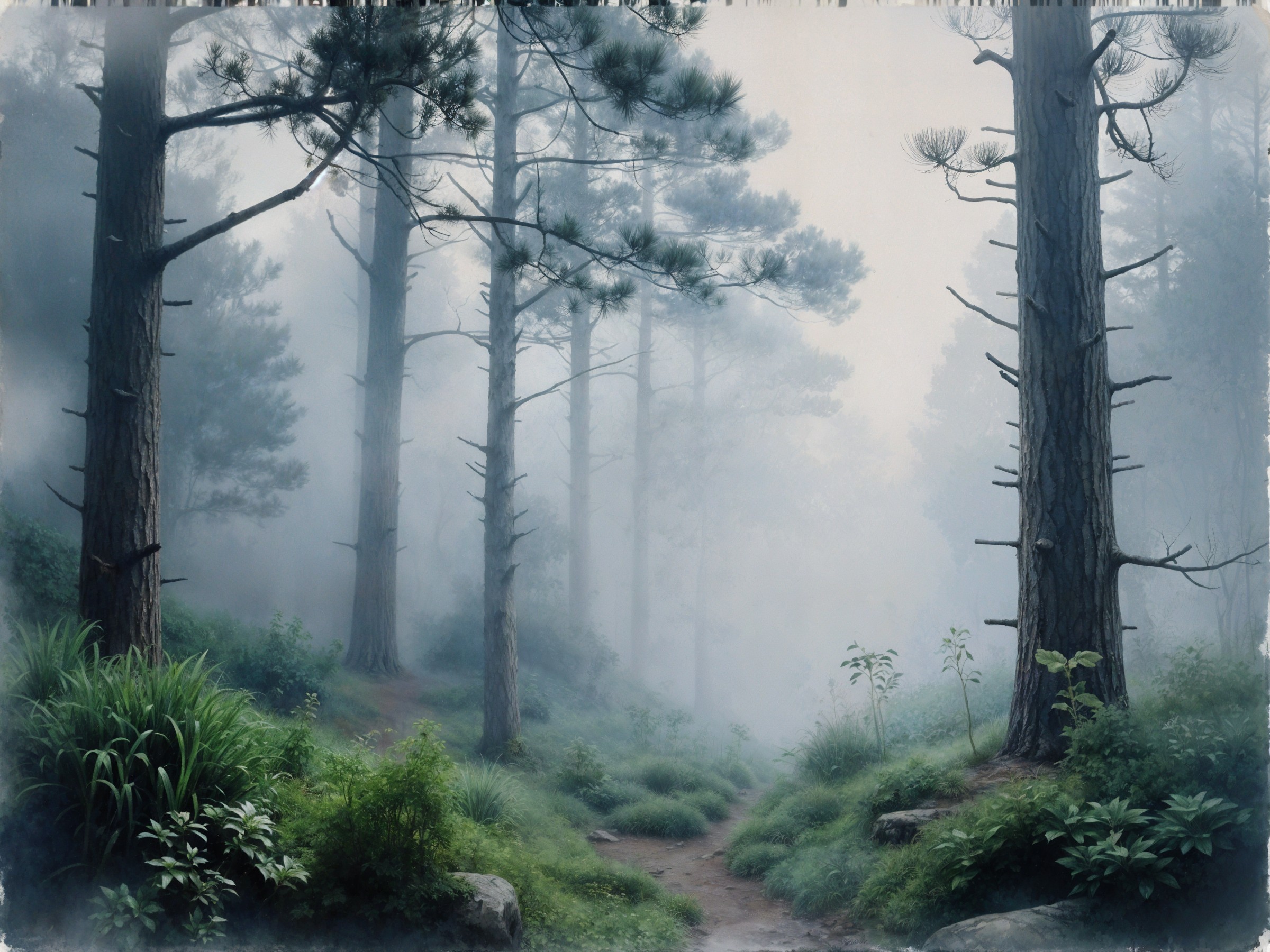 Tranquil Misty Forest Scene with Tall Pine Trees