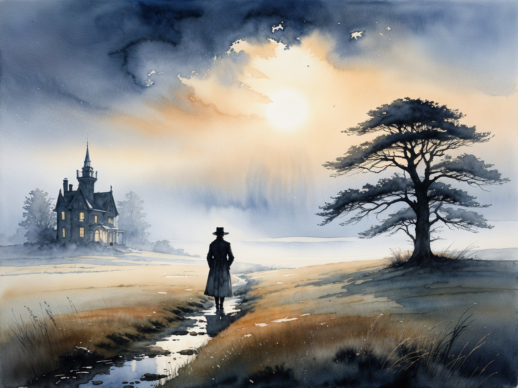 Solitary figure walks a winding path by a mansion