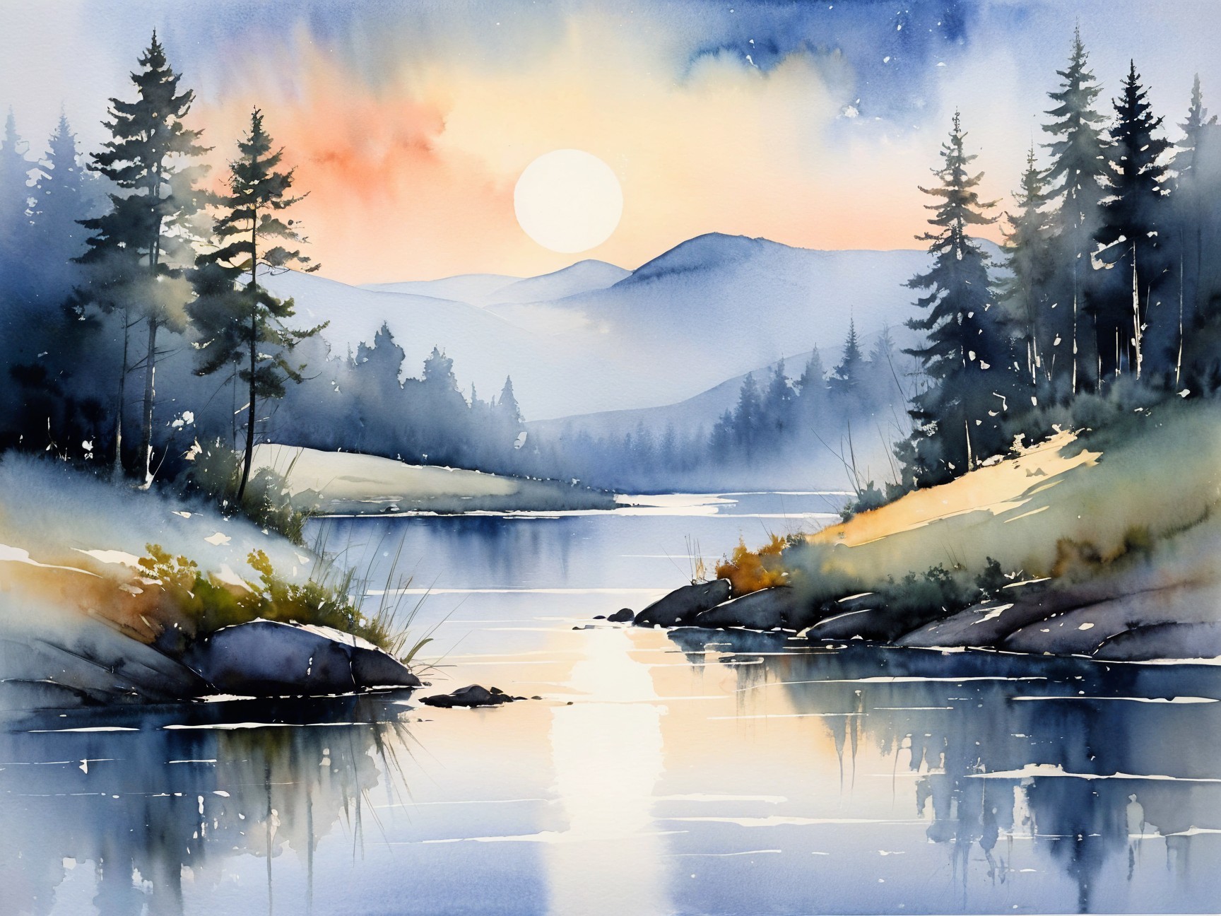 Tranquil River Landscape at Dawn with Evergreen Trees