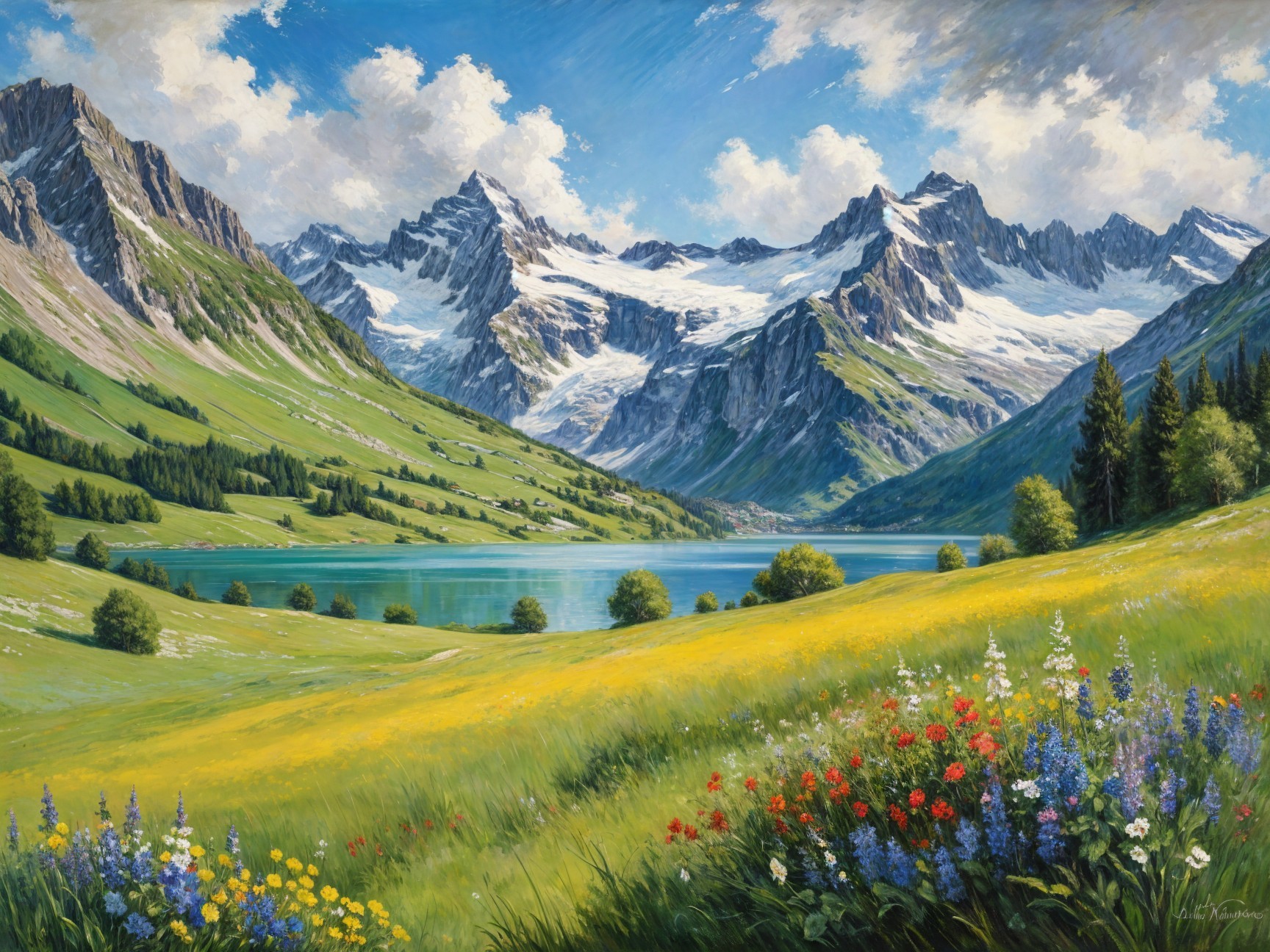 Snow-Capped Mountains and Tranquil Lake Landscape