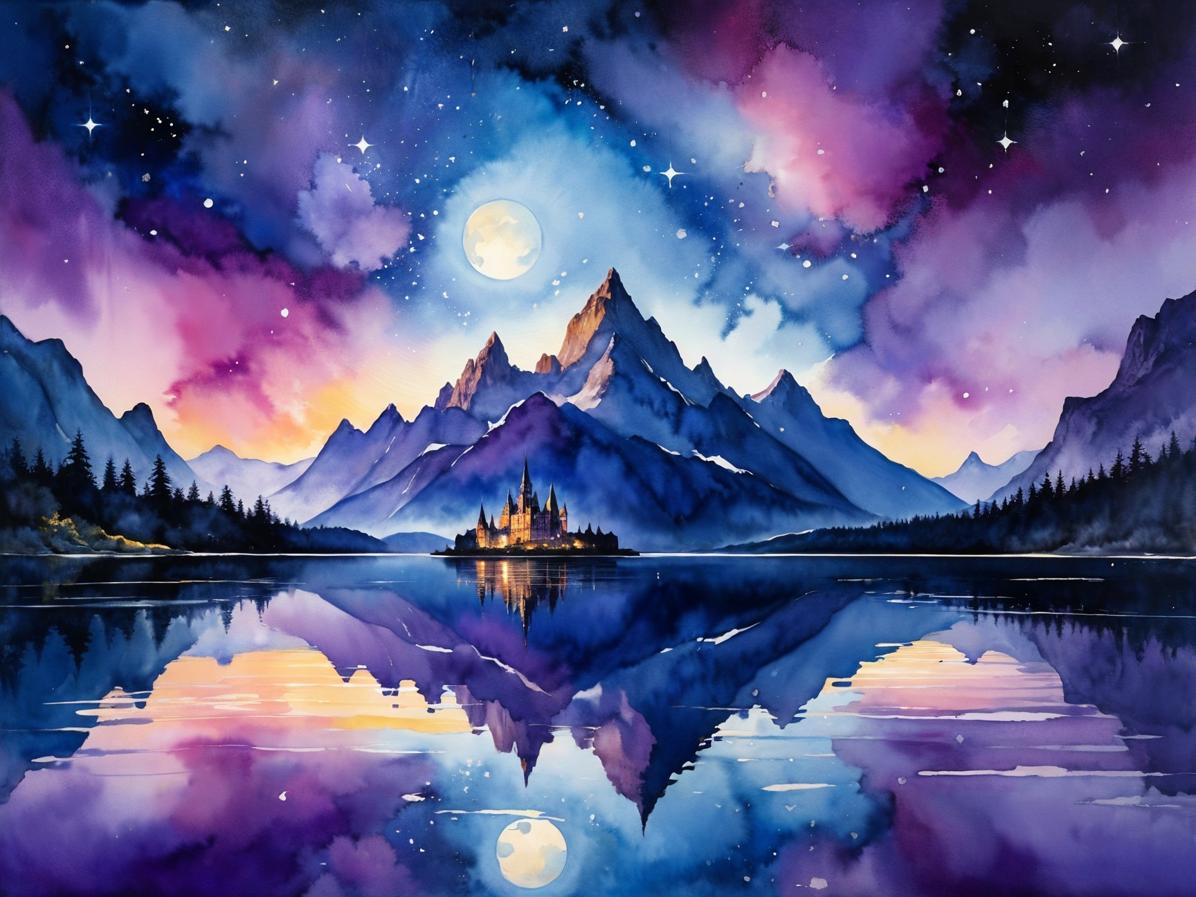 Watercolor Landscape of Mountains and Castle at Night