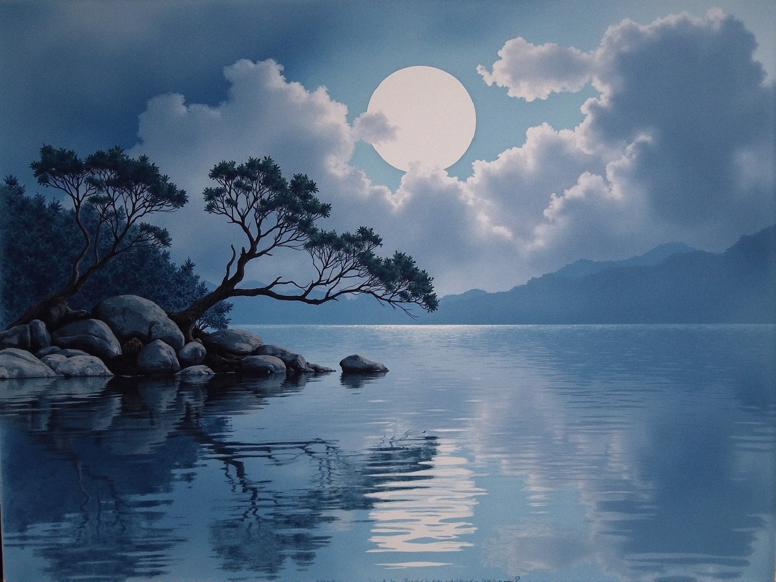 Tranquil Lake Landscape Under Full Moon and Clouds