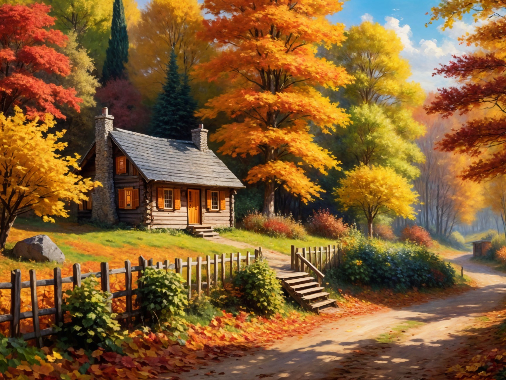 Log Cabin in Vibrant Autumn Landscape with Trees