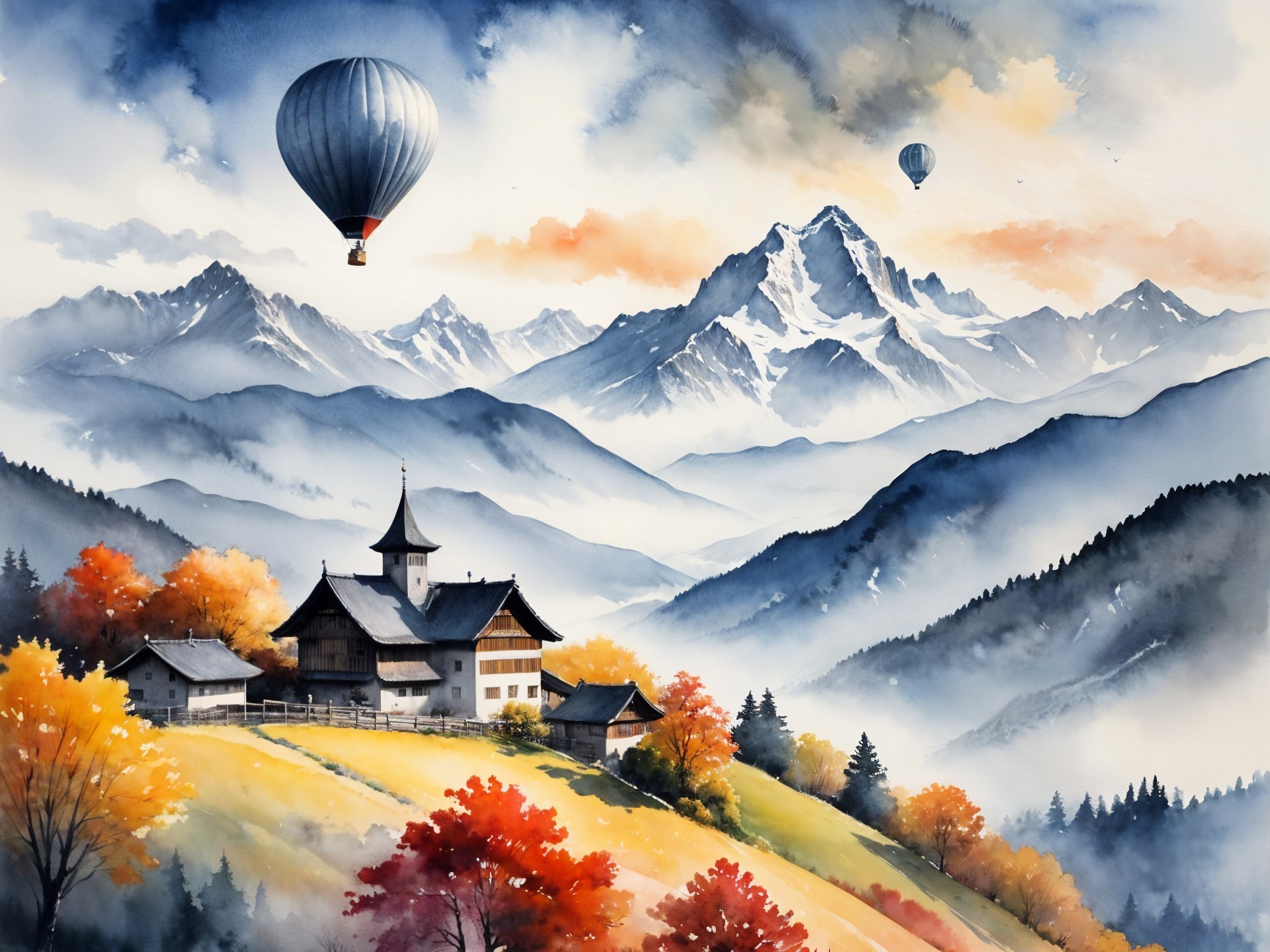 Watercolor Landscape with House and Autumn Foliage