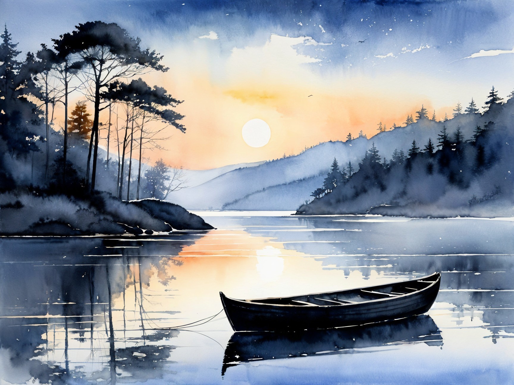 Serene Landscape with Lake, Sunrise, and Pine Trees