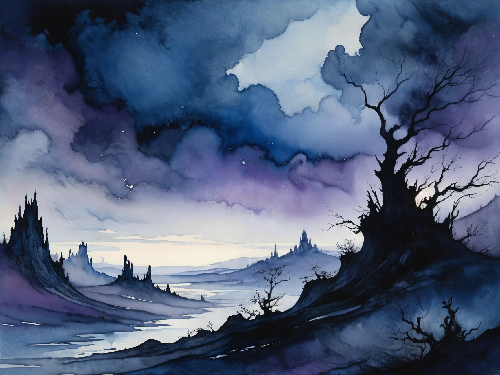 Mystical Landscape with Dramatic Sky and Mountains