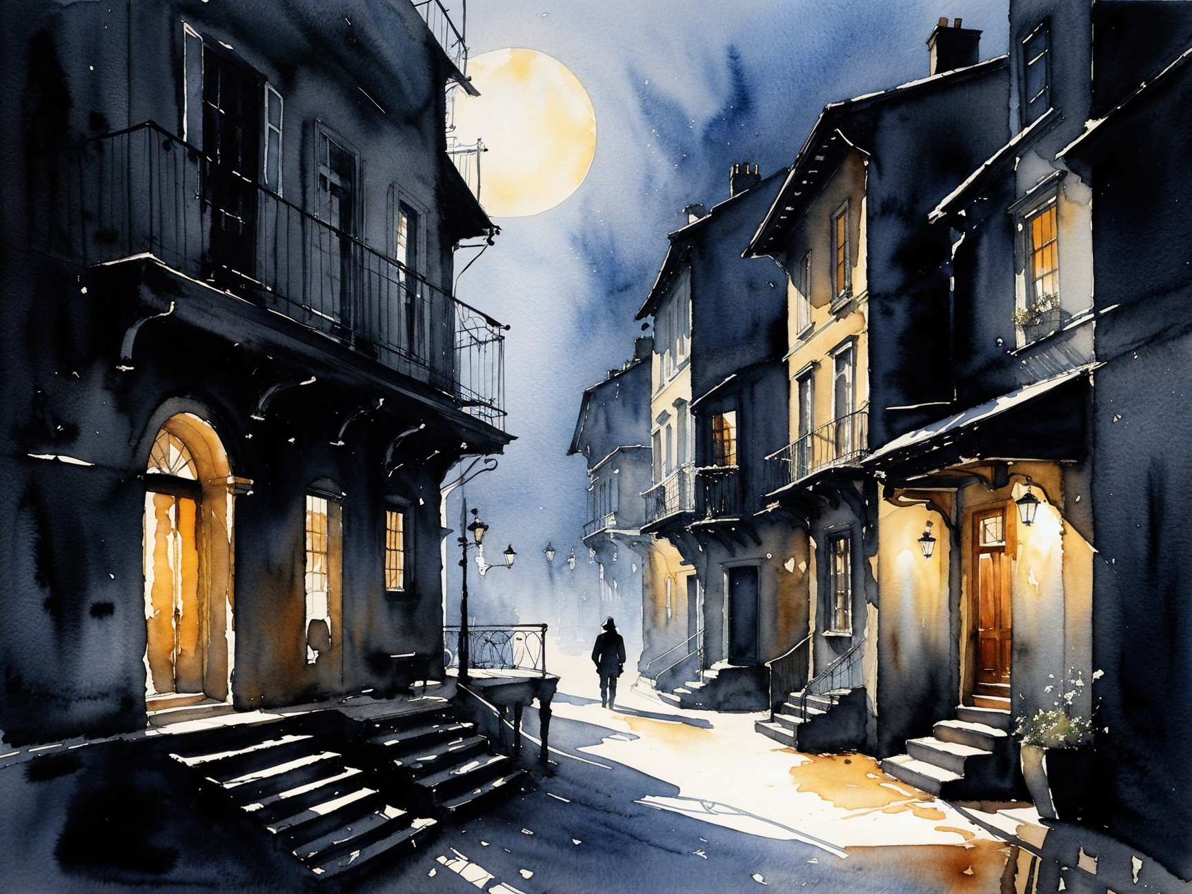 Serene Night Scene in a Quaint Village with Moonlight