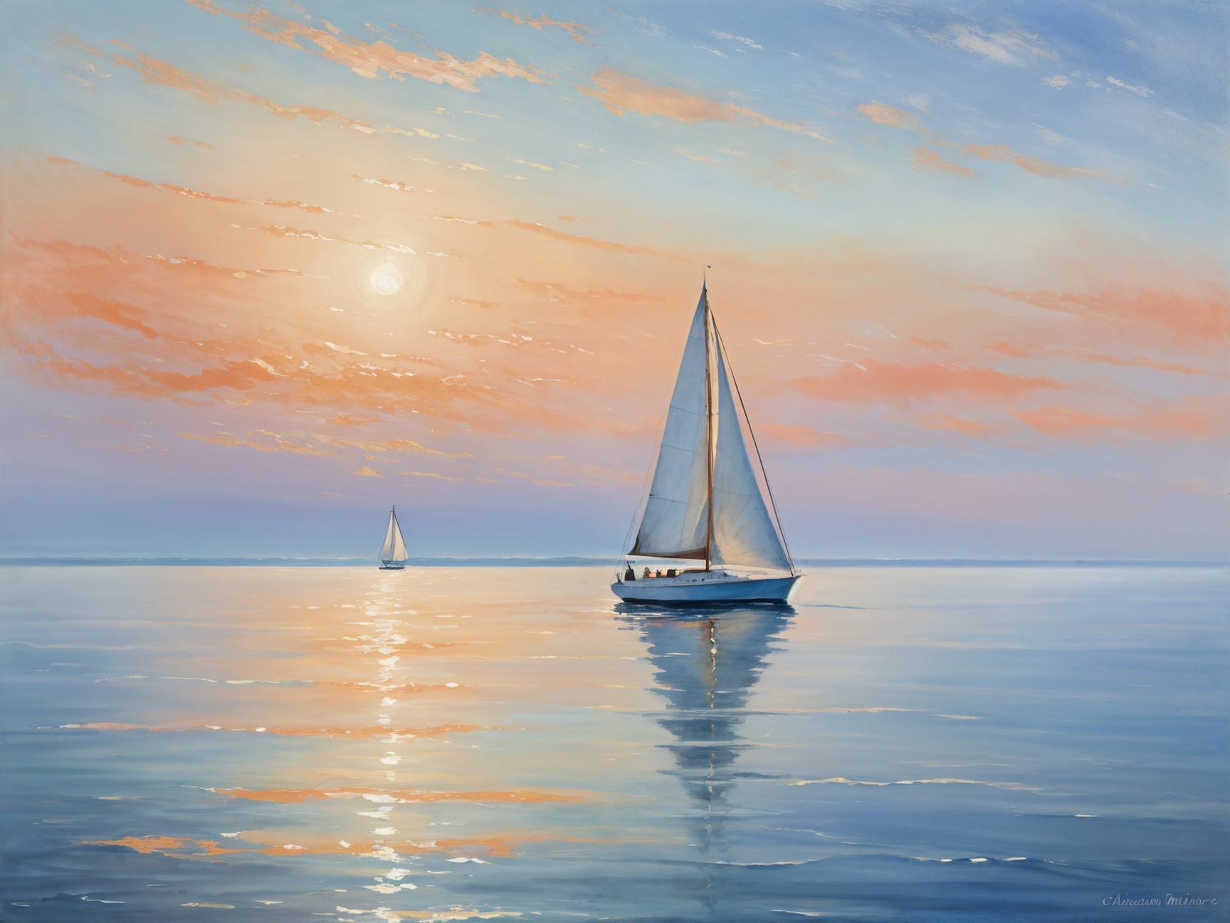Serene Sunset Seascape with Sailboats and Calm Waters