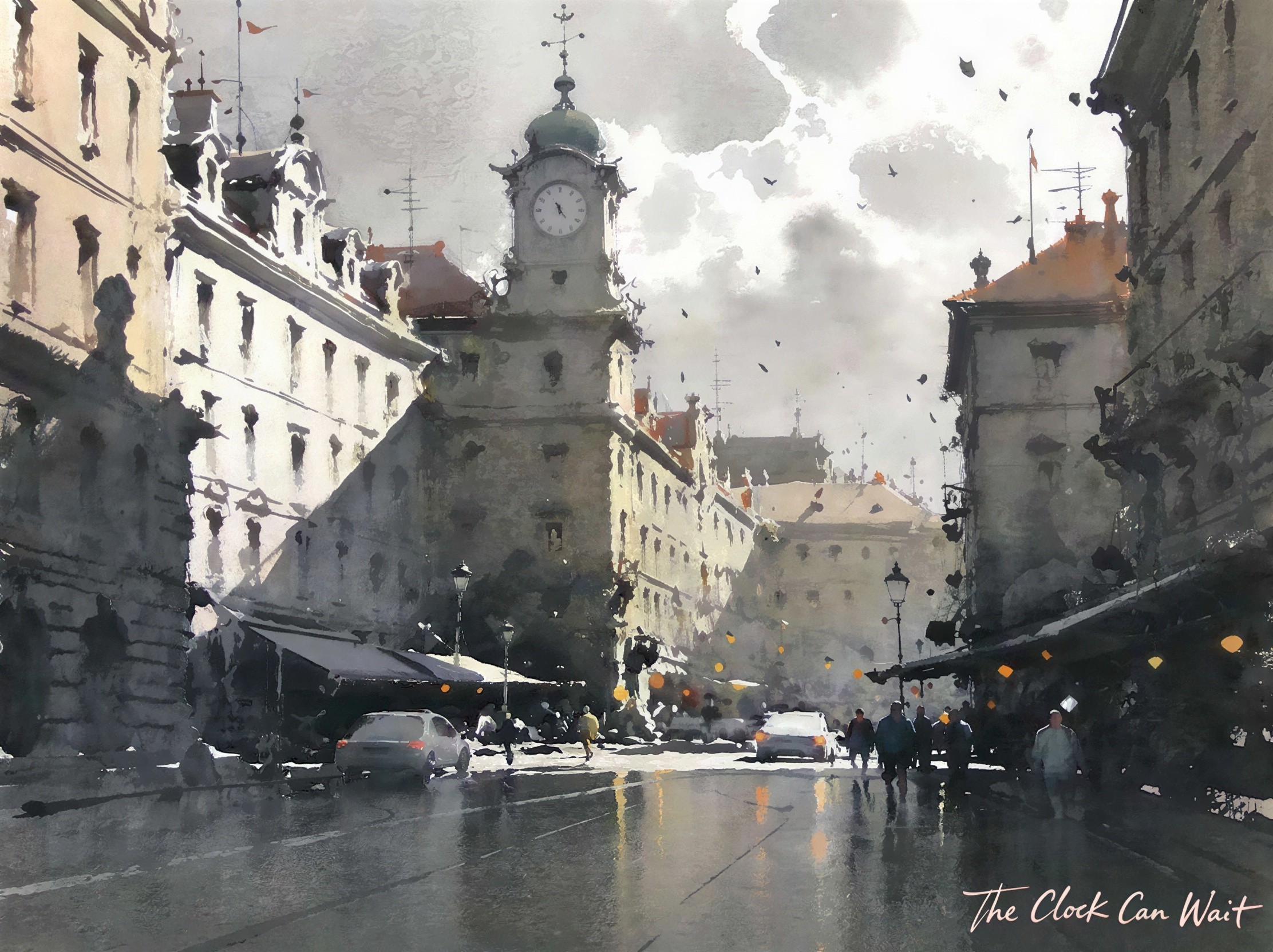 Watercolor Landscape of a Rainy European City Scene