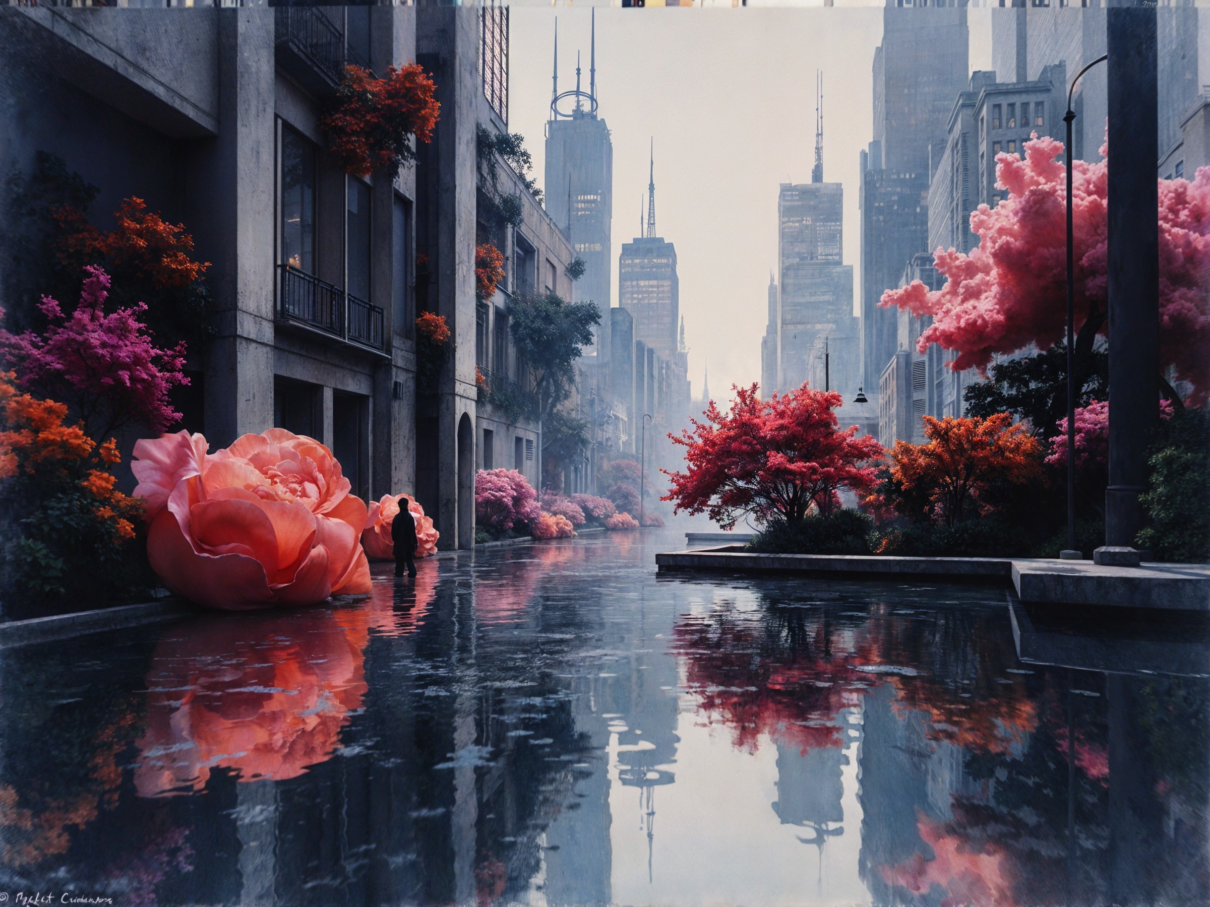 Urban Serenity with Skyscrapers and Blossoming Flowers