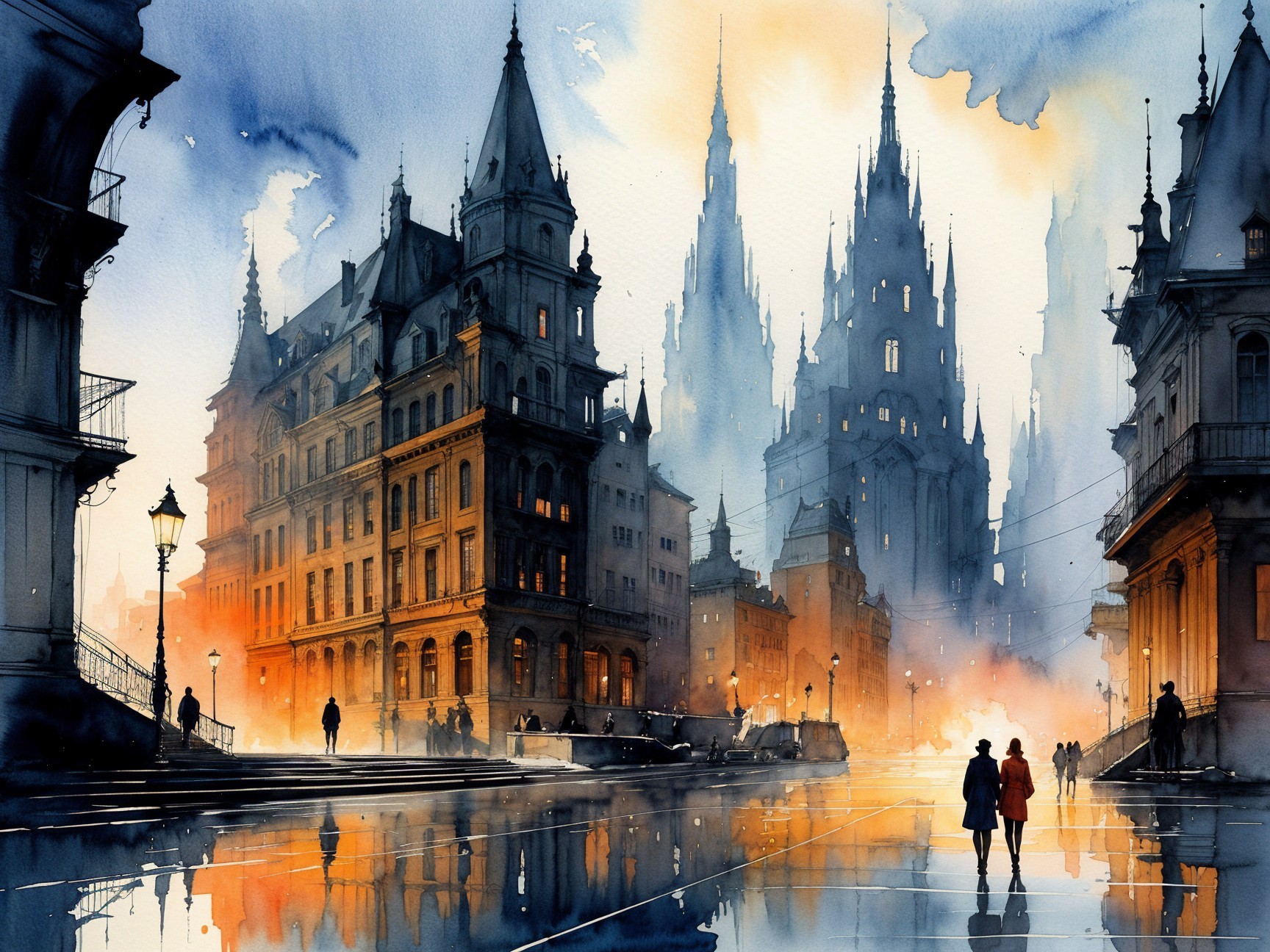 Misty Cityscape at Dusk with Elegant Architecture
