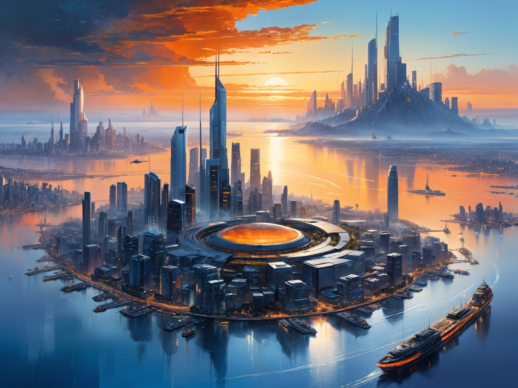 Futuristic cityscape at sunset with skyscrapers and water