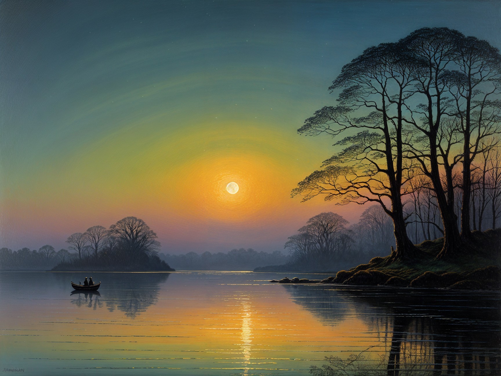 Twilight River Scene with Moonlit Reflections