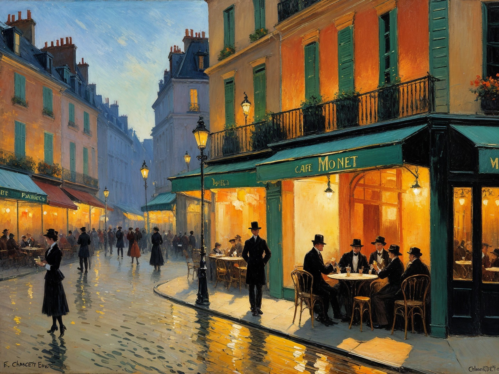 Parisian Café Scene on a Rainy Evening