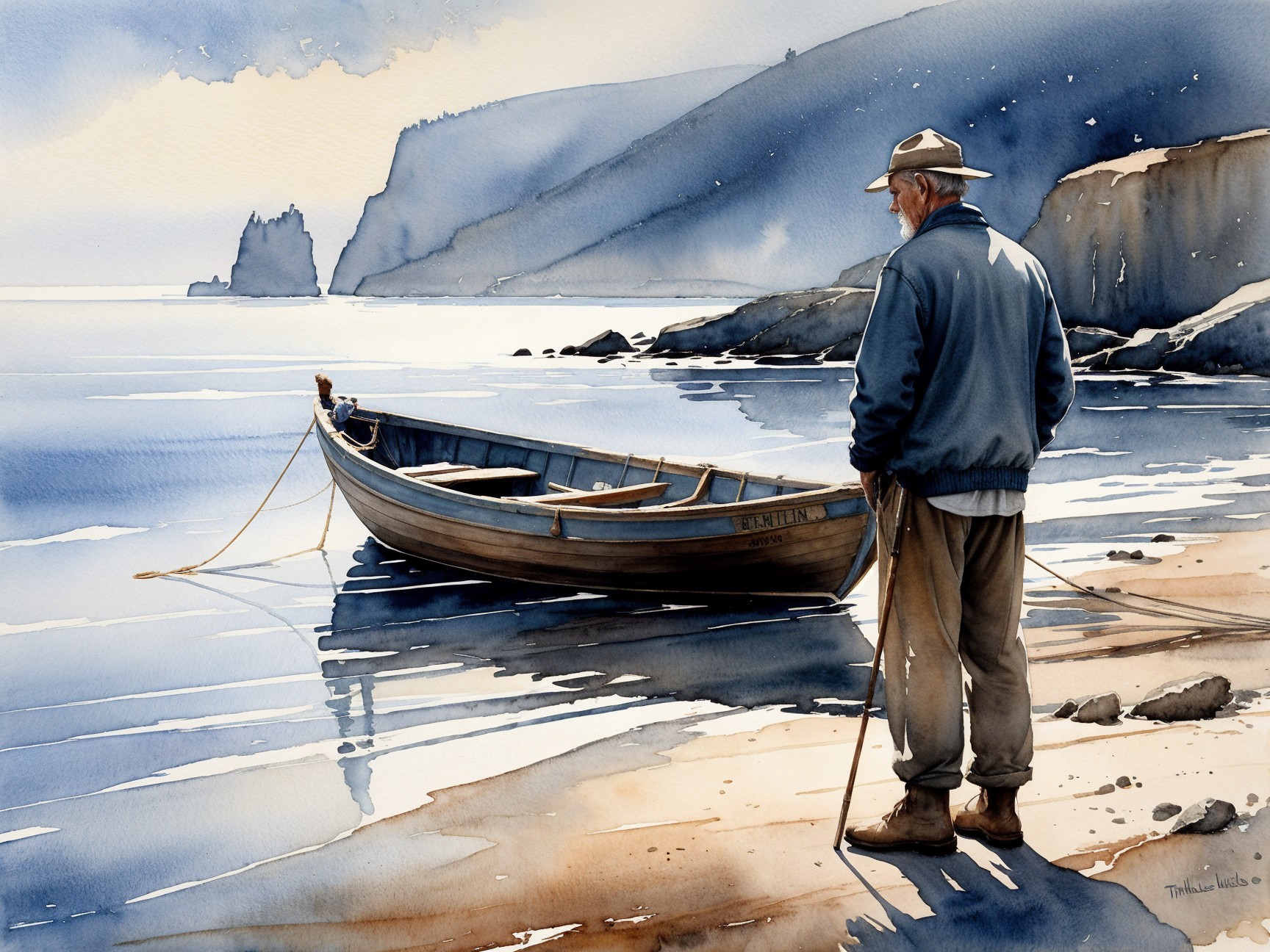 Elderly Man on Beach with Anchored Wooden Boat