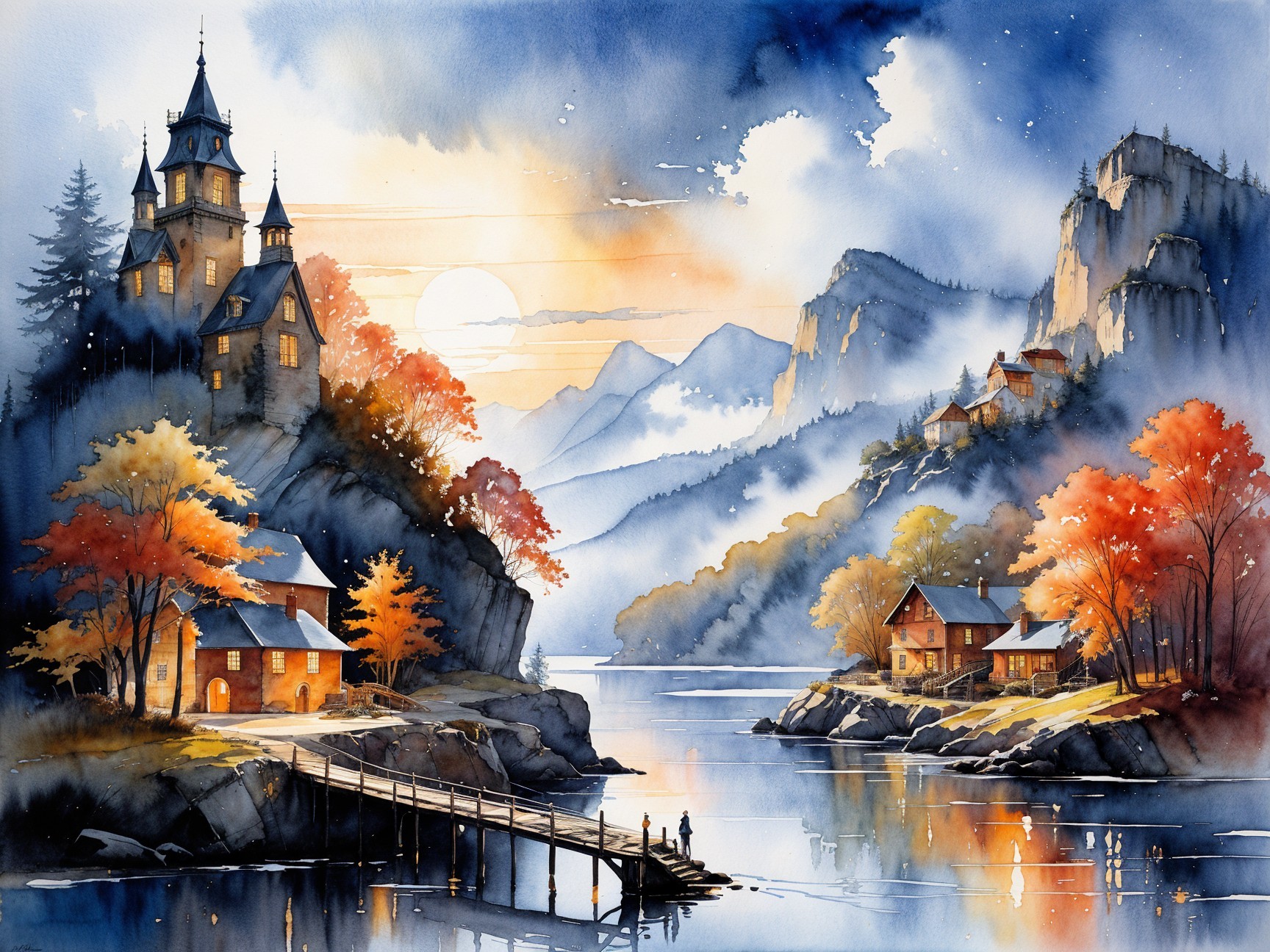 Twilight Lakeside Landscape with Mountains and Castle