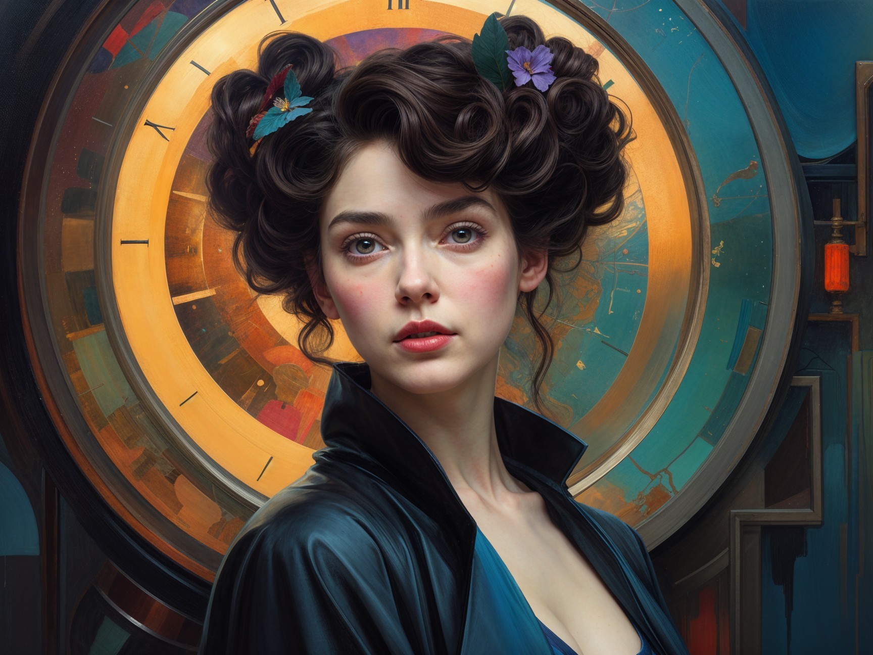 Portrait of a woman with curls and colorful clock backdrop