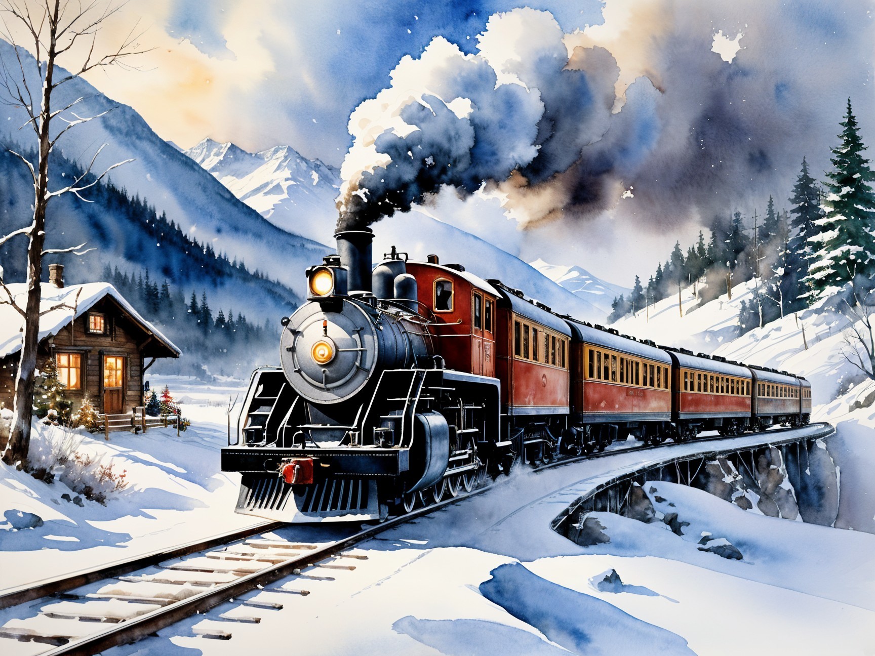 Vintage steam train on snowy track with mountains