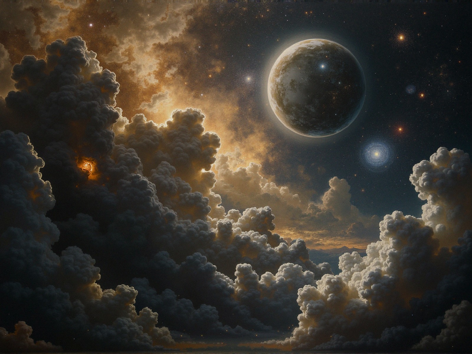Dramatic Cosmic Scene with Textured Planet and Clouds