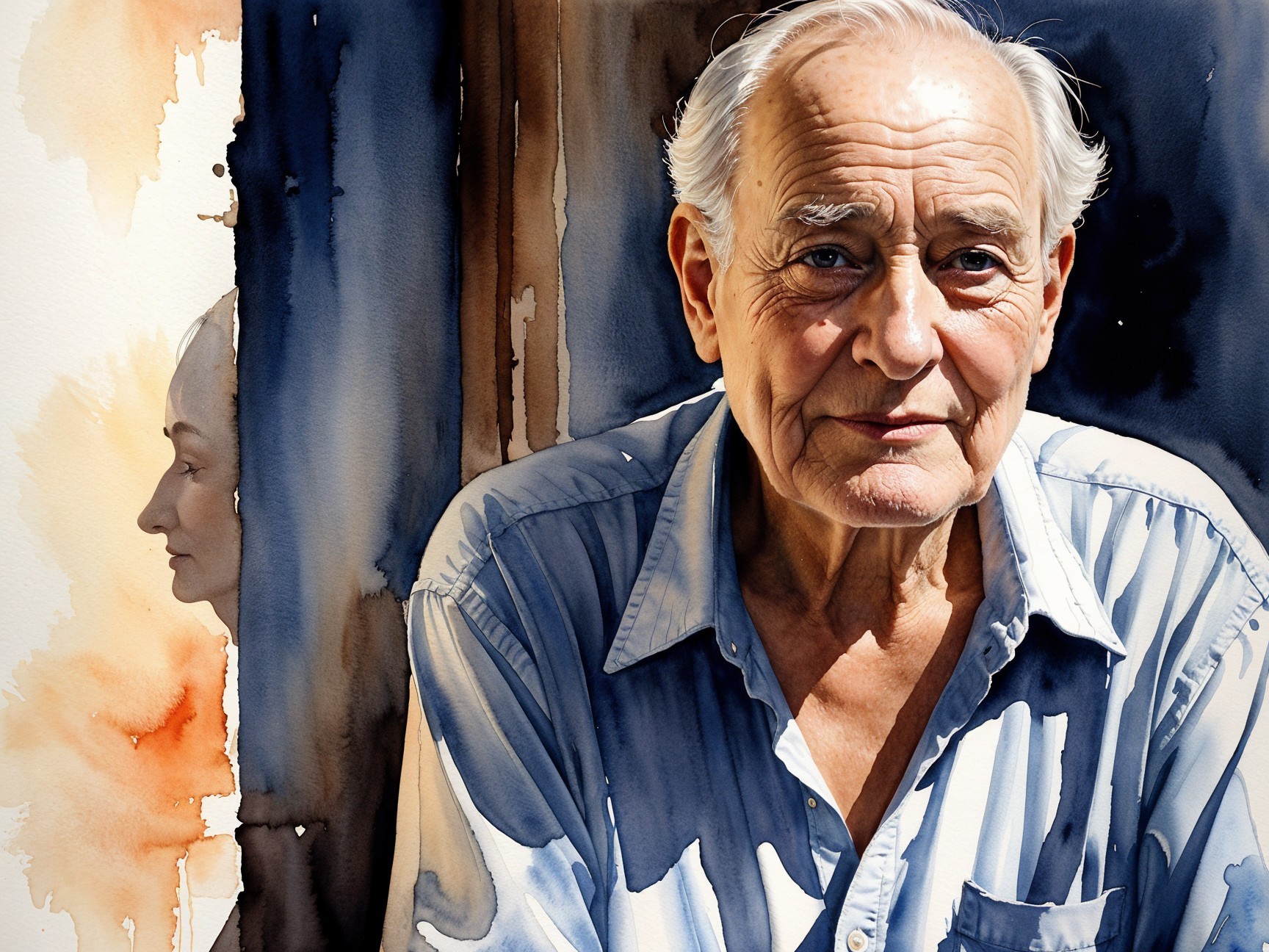 Elderly man in light blue shirt with watercolor backdrop