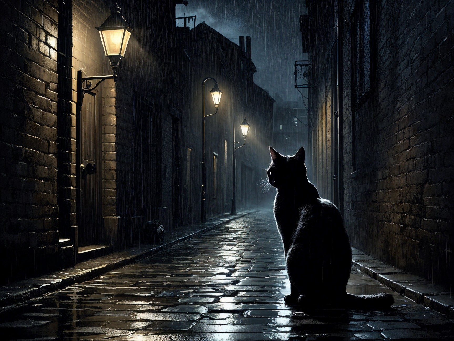 Mysterious Rainy Alleyway with Black Cat Silhouette