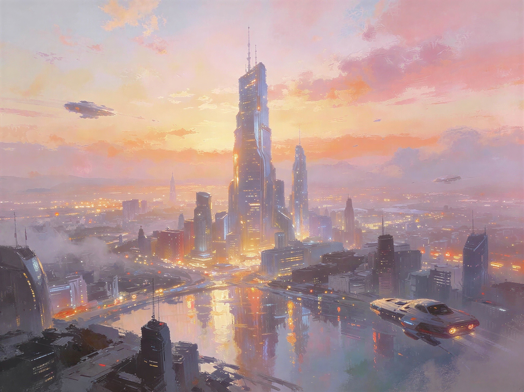 Futuristic cityscape with twisting skyscrapers at sunset