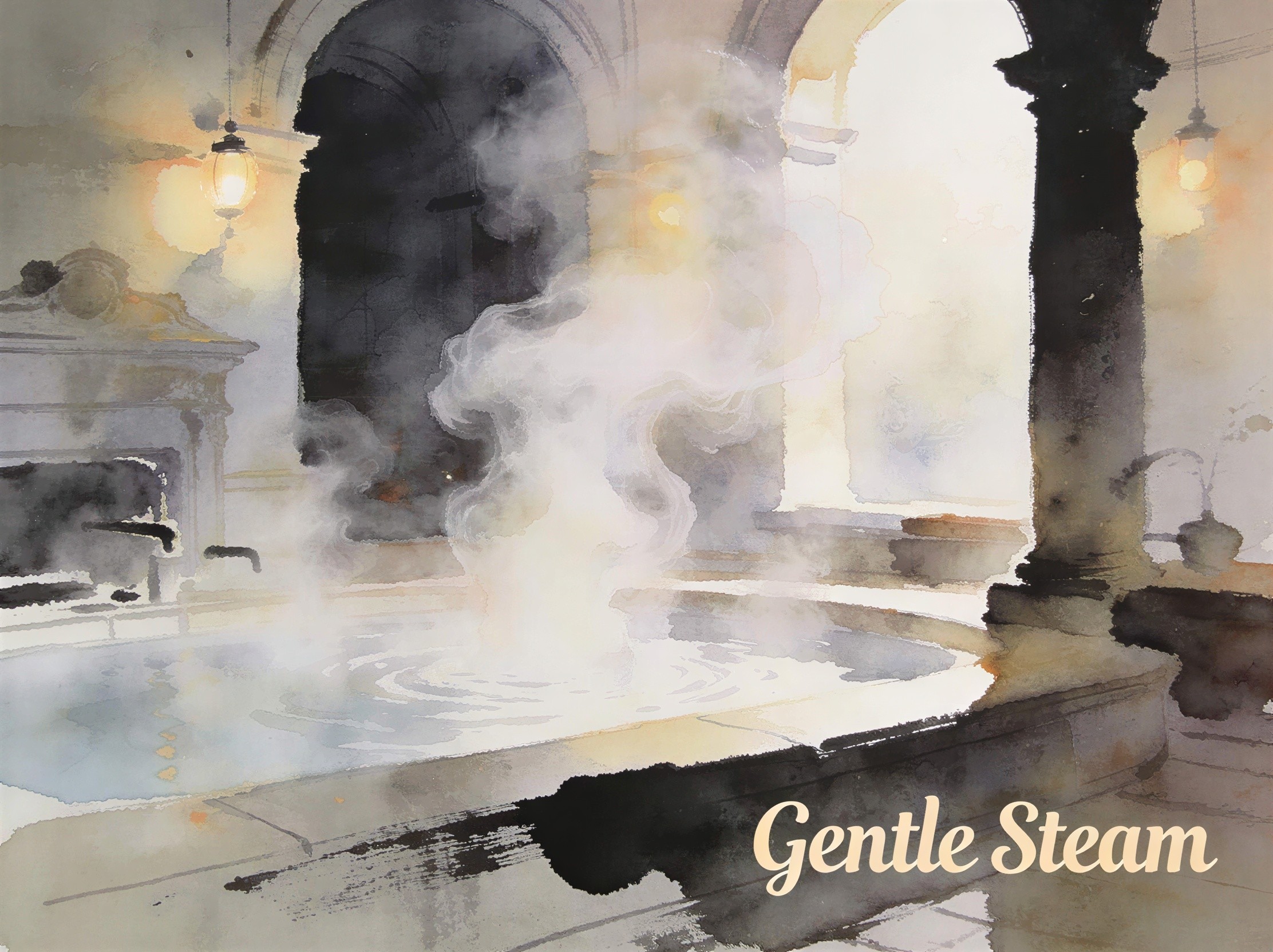 Watercolor Painting of a Roman Bath with Steaming Pool