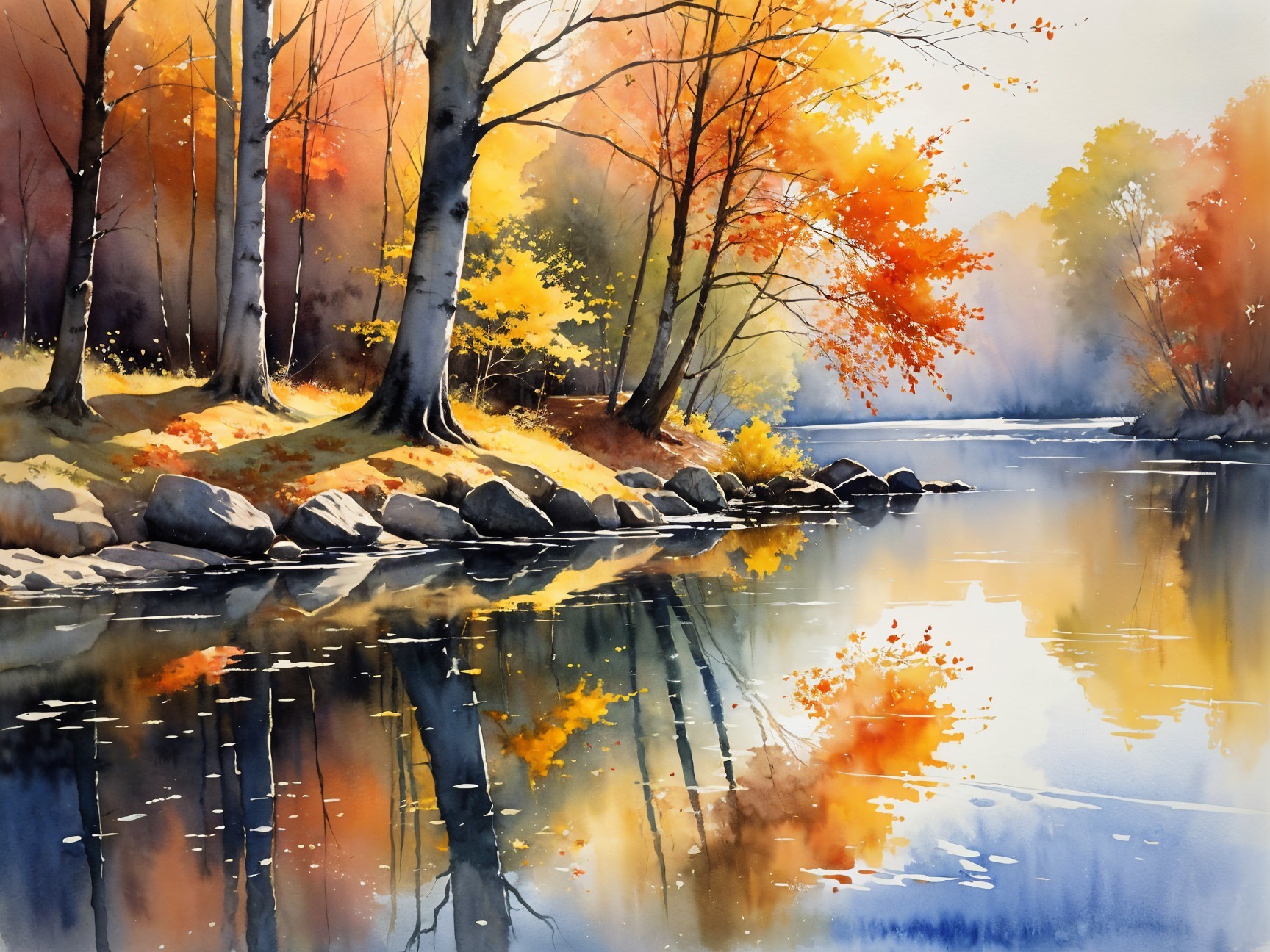 Serene Autumn Landscape with Reflective River Scene