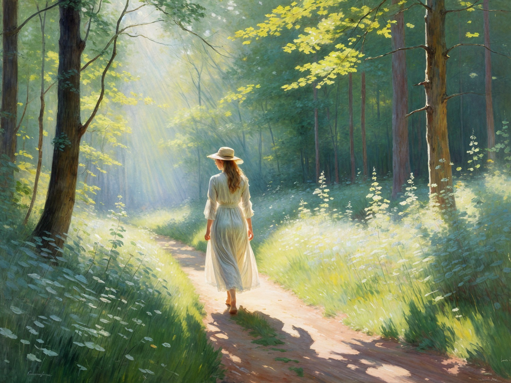 Serene Forest Path with Woman in White Dress