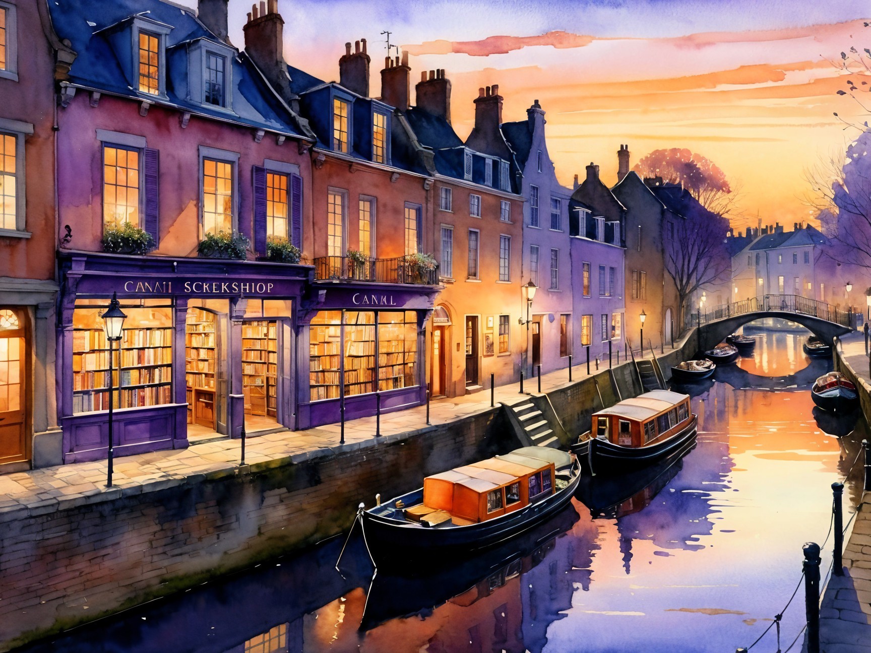 Charming Canal-Side Bookstore at Sunset