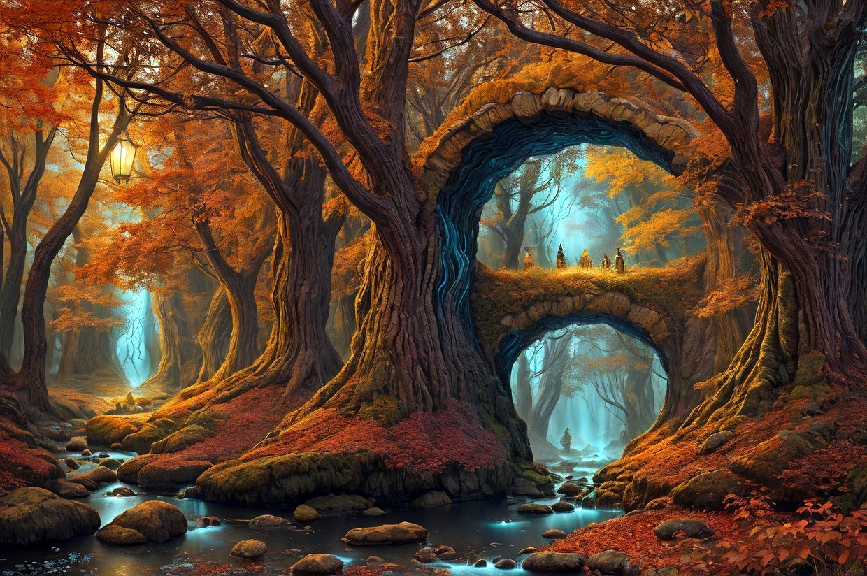 Enchanted Autumn Forest with Natural Archway and River