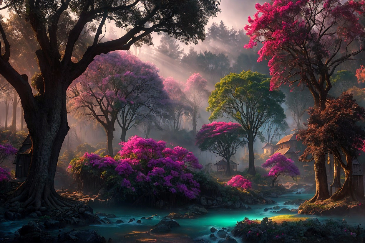 Tranquil forest scene with pink trees, stream, sunbeams, and quaint houses