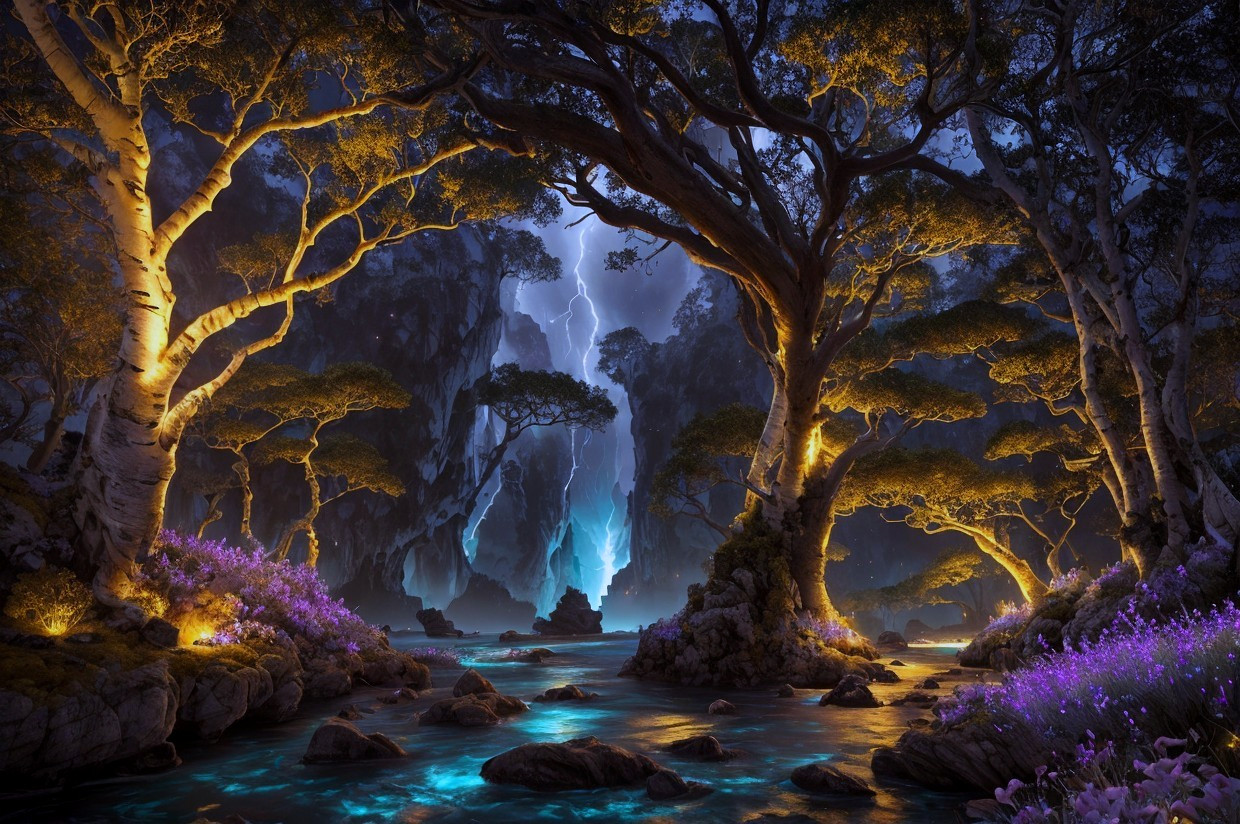 Mystical forest night scene with glowing purple flowers, ancient trees, river, and moonlit waterfall