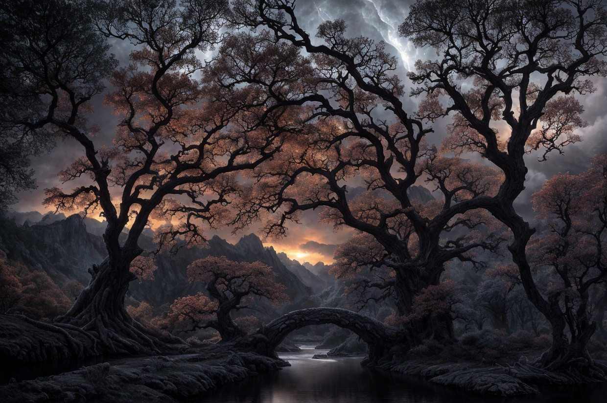 Ancient stone bridge in mystical landscape with gnarled trees and mountains at dusk