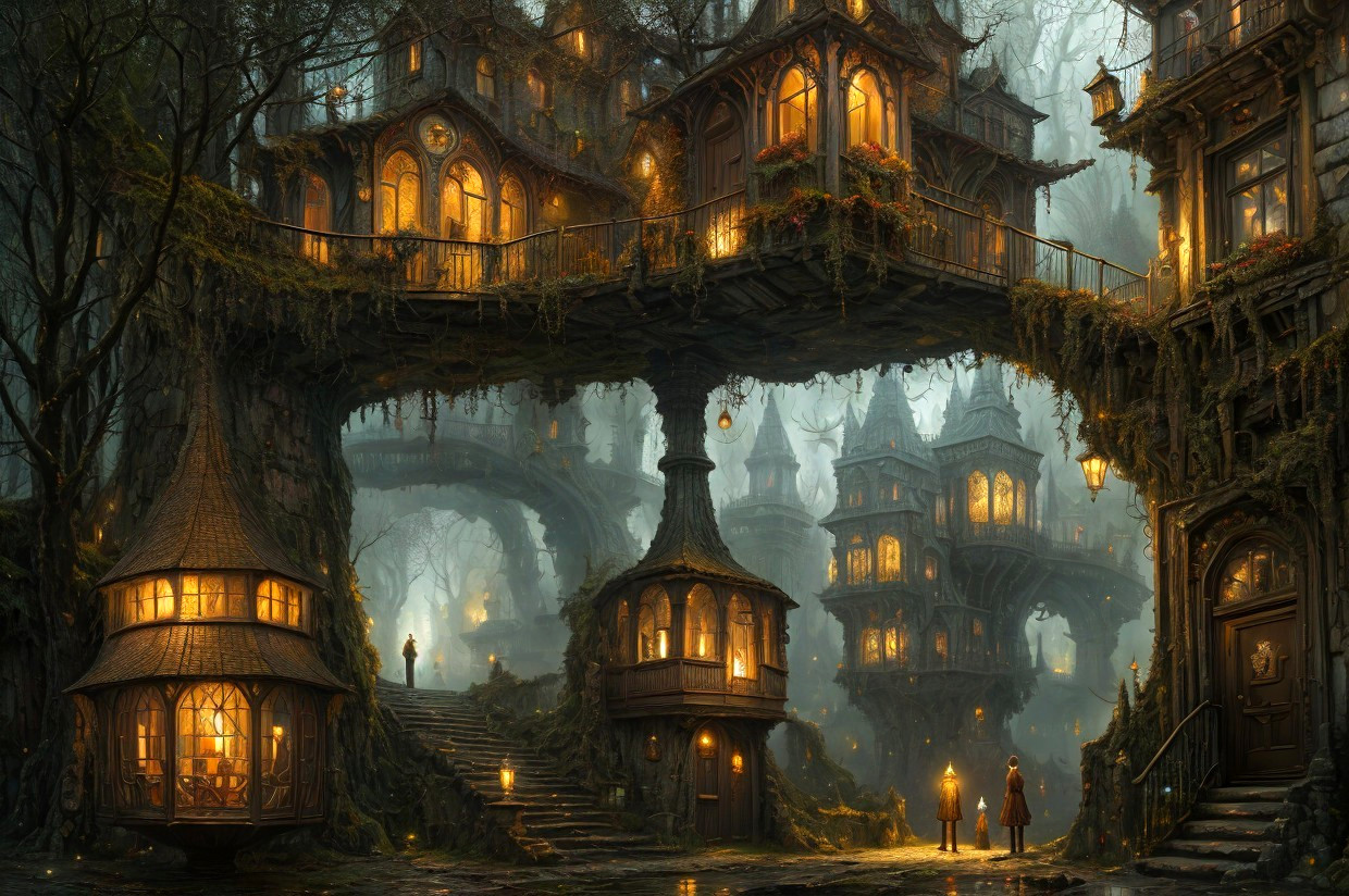 Whimsical enchanted forest scene with glowing treehouses, bridges, figures under lamplight