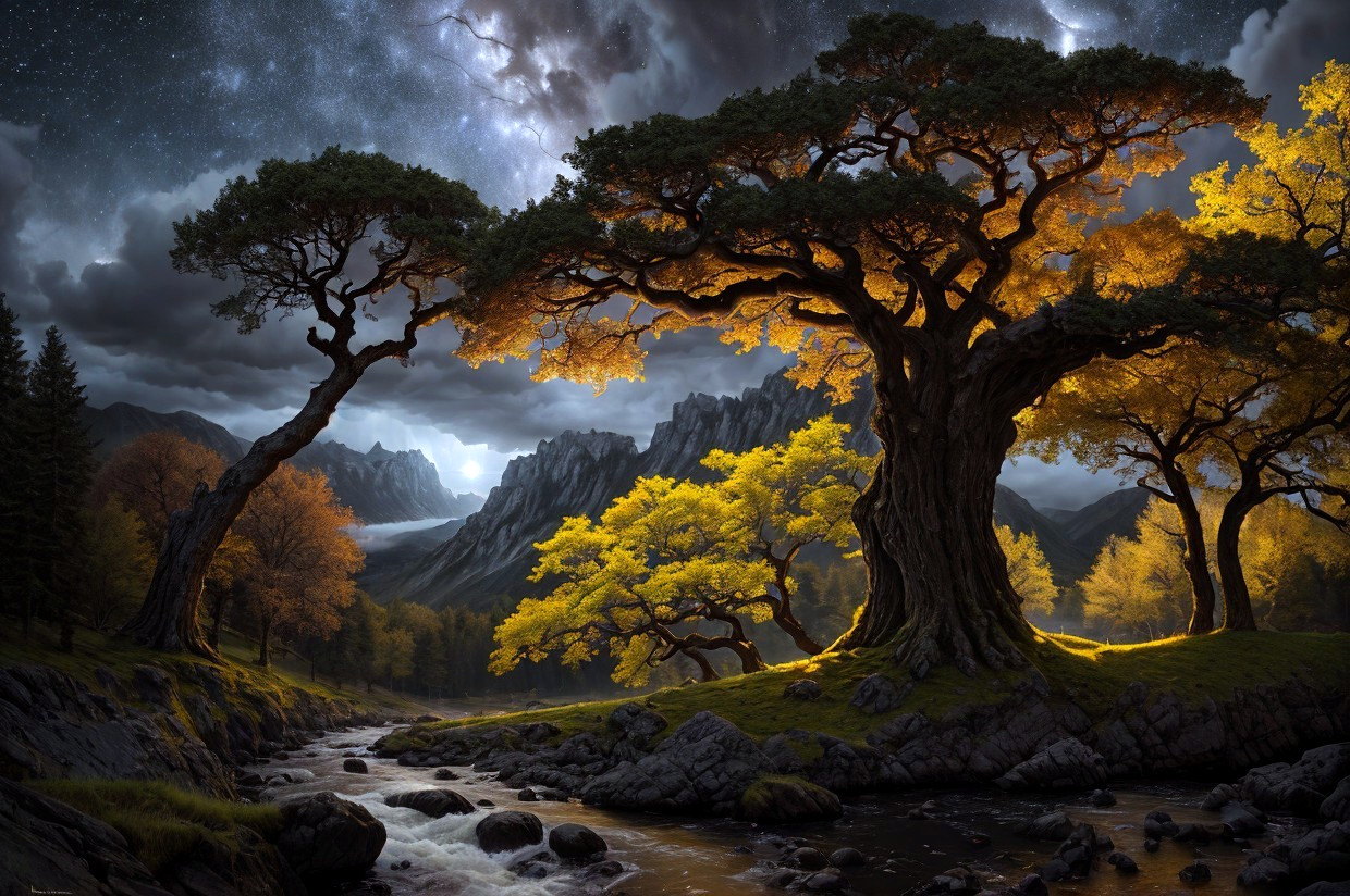 Majestic tree with golden leaves by stream in serene landscape