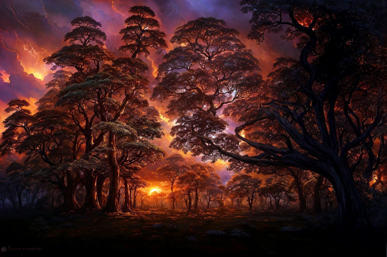 Mystical forest at dusk with fiery orange glow and lightning