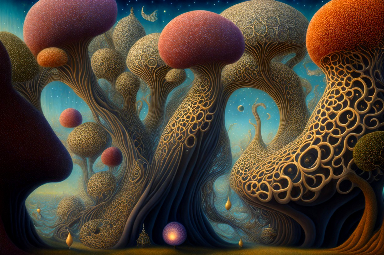 Surreal artwork of stylized trees with mushroom-like canopies on mystical night sky.