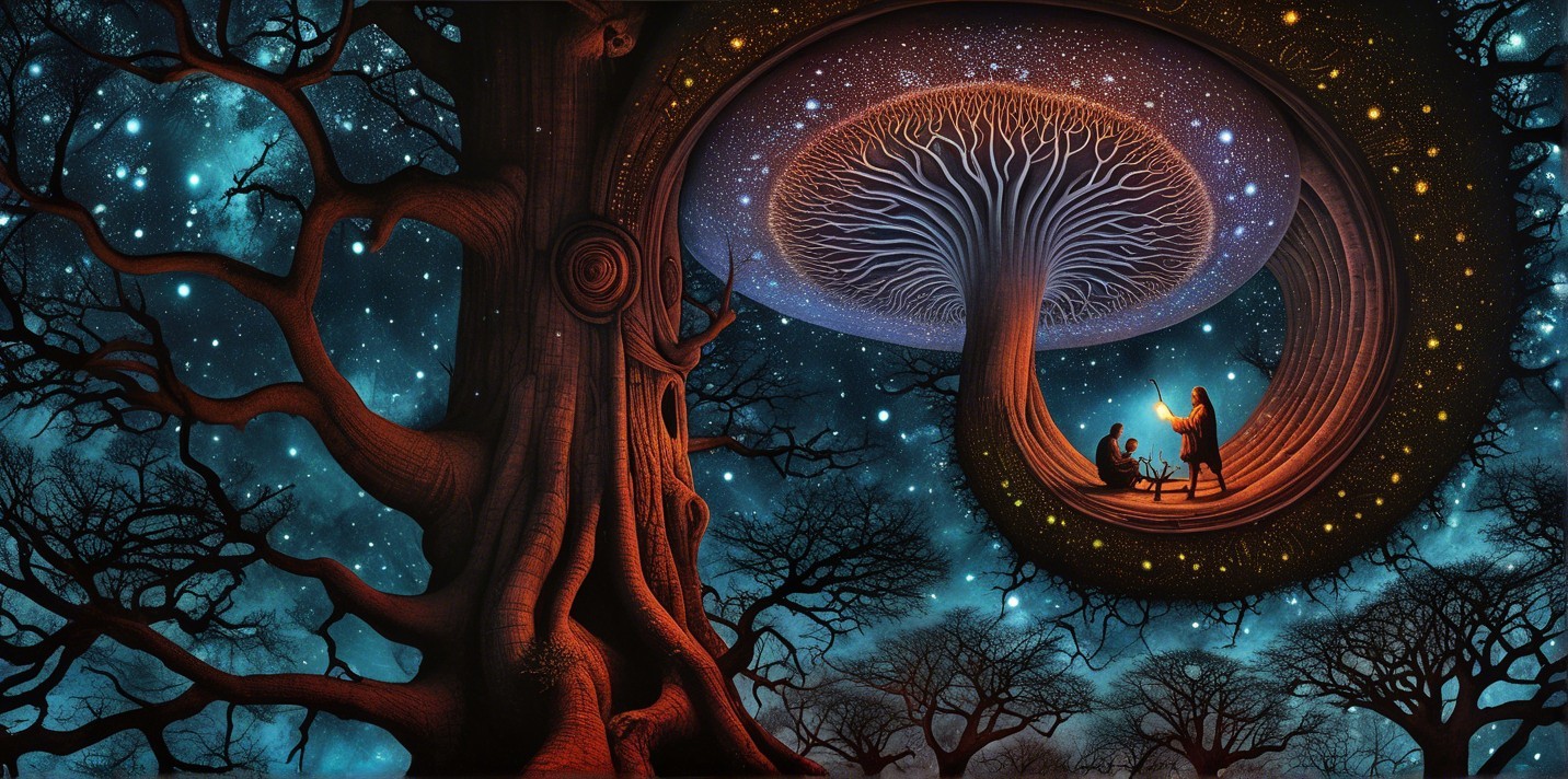 Giant Mushroom and Tree in Surreal Night Landscape