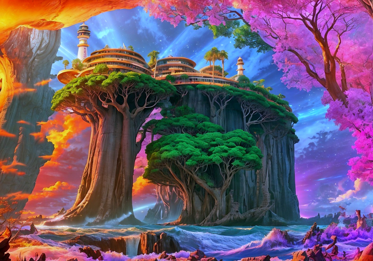 Majestic fantasy landscape with vibrant trees, pink foliage, waterfalls, and mystical atmosphere