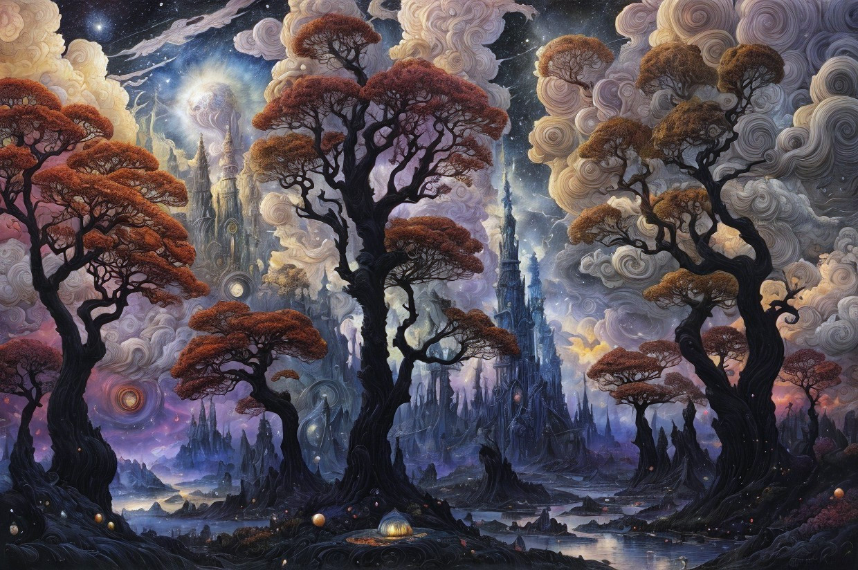 Fantasy landscape with swirling clouds, luminescent trees, castle, and night sky