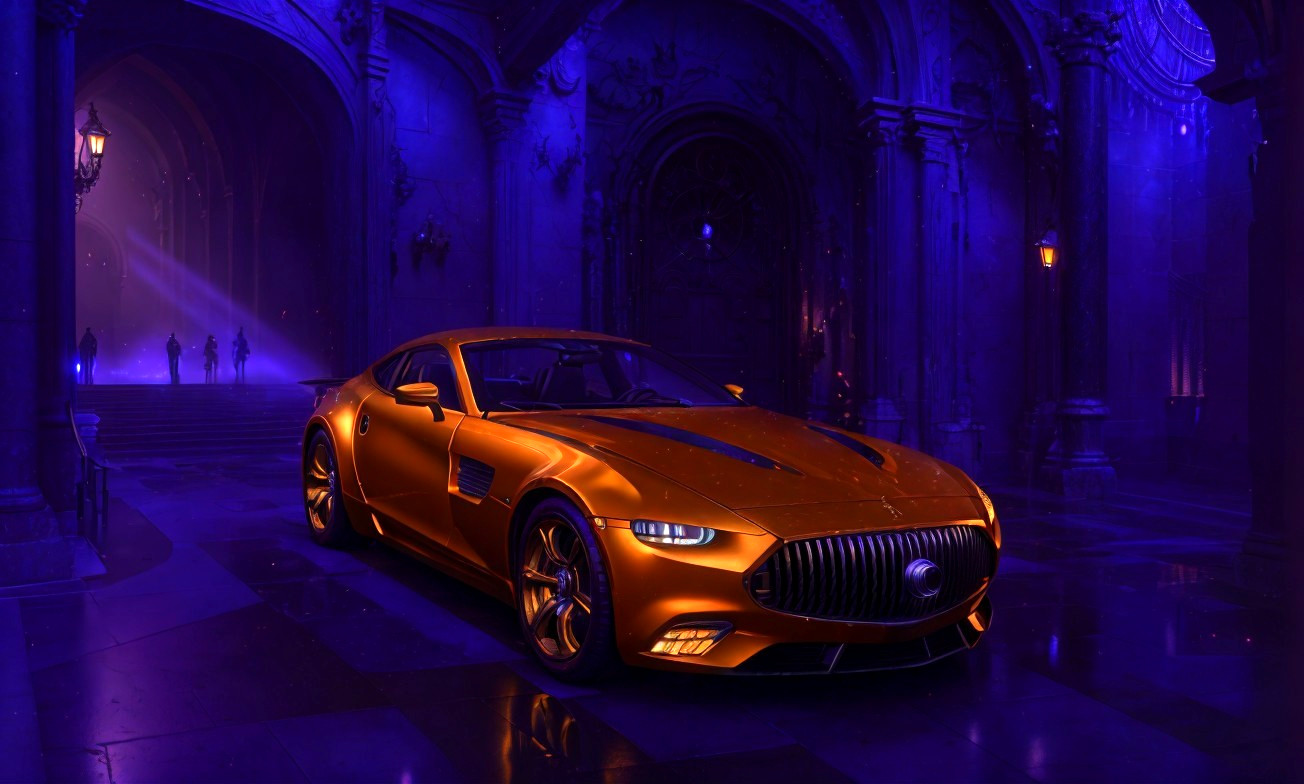 Orange sports car in neon-lit Gothic cathedral with silhouettes.
