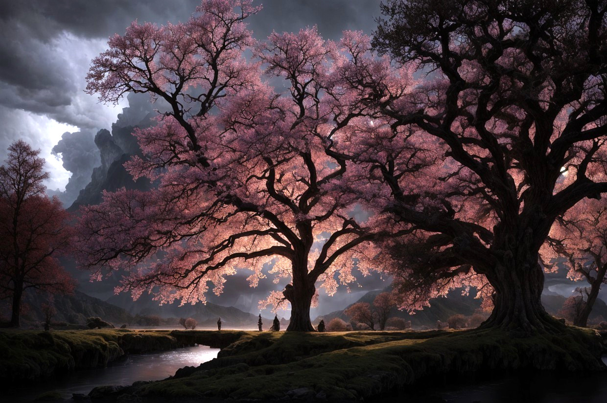 Scenic cherry blossom trees near river with mountains and dramatic sky