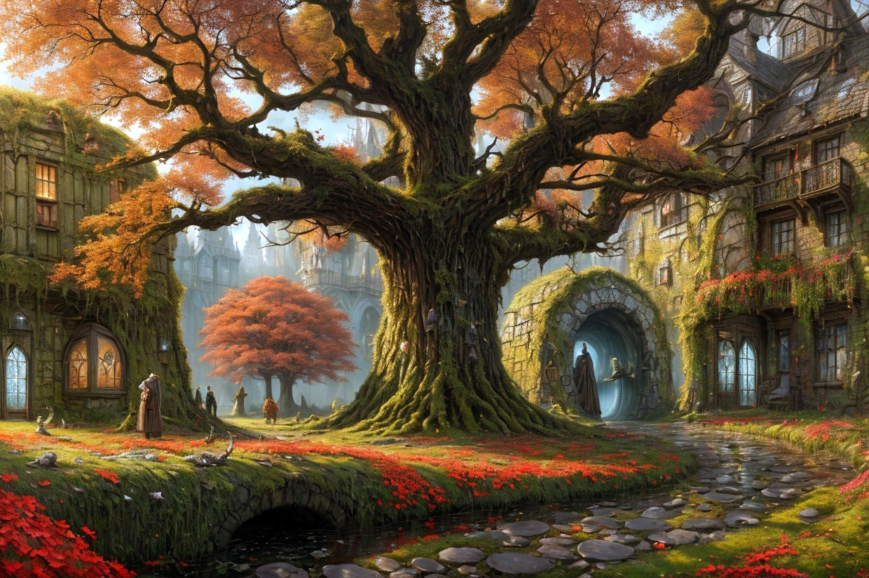 Fantasy landscape with ancient tree, cobblestone path, cozy stone houses, ivy, autumn