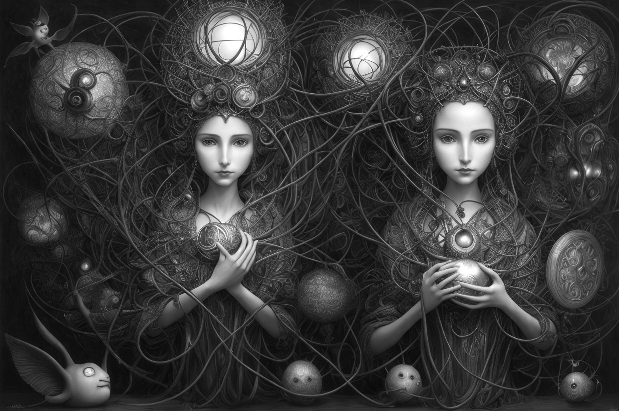 Monochromatic artwork of two women with intricate hair designs and surreal elements