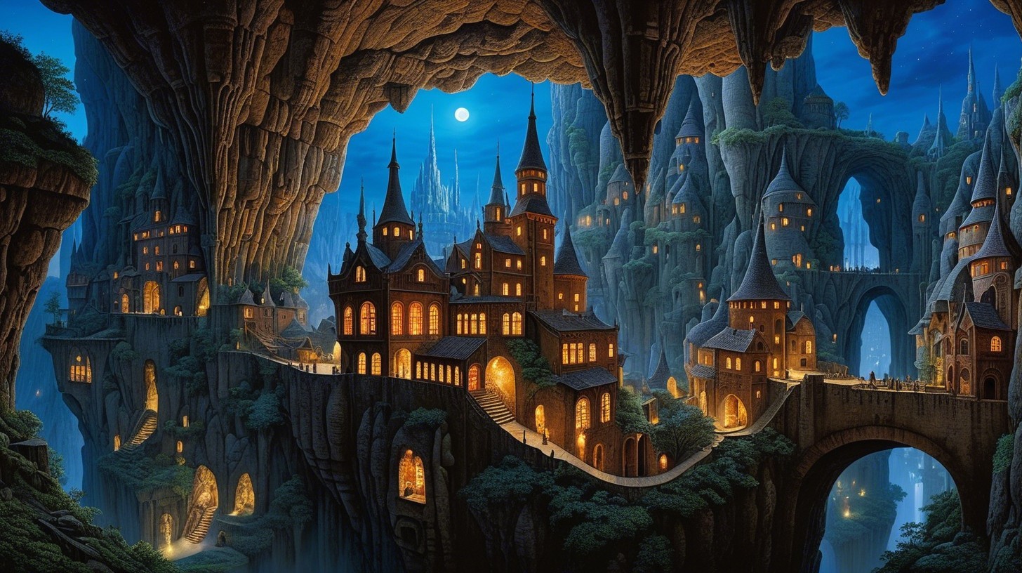 Fantasy City Built Among Rock Formations at Night