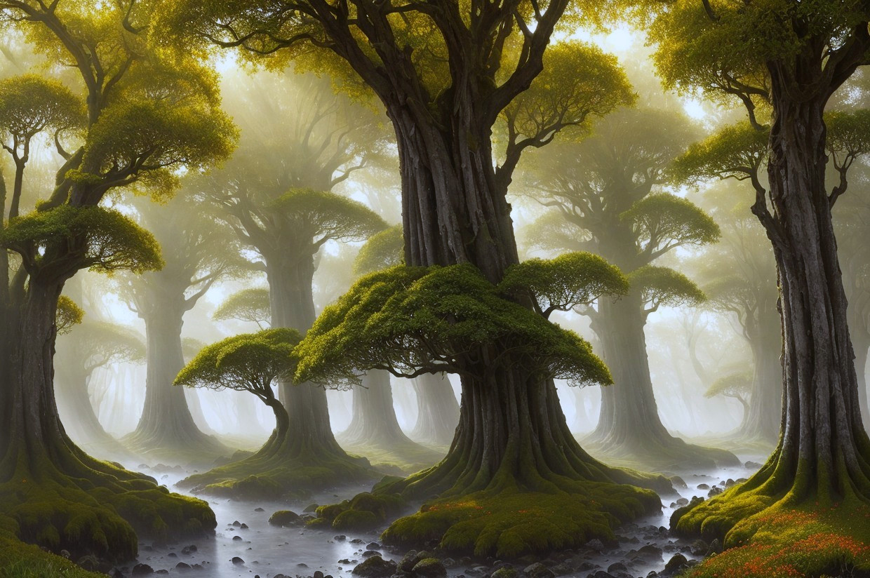 Enchanting forest scene with towering trees and lush green canopies