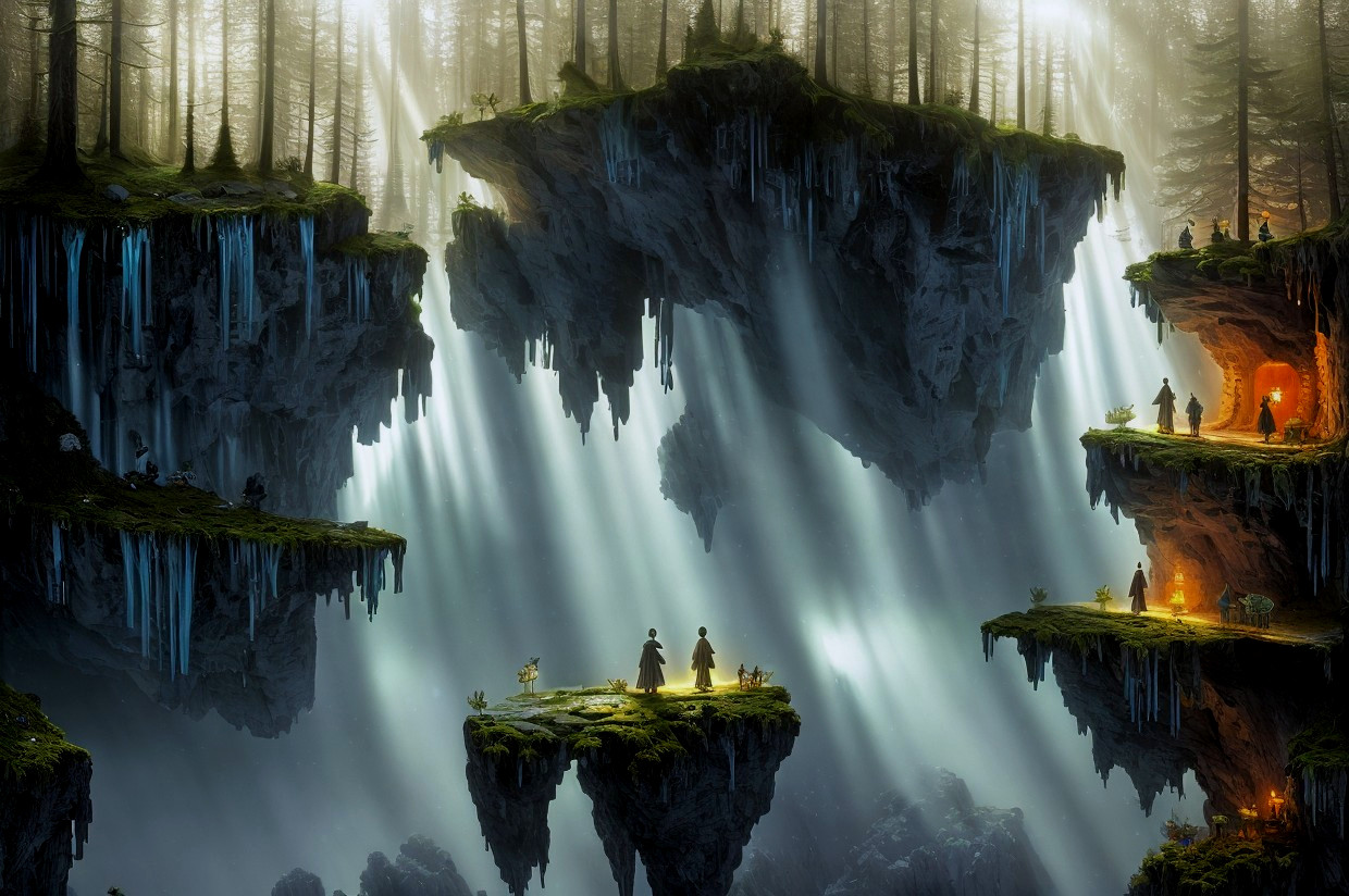Mystical forest scene with floating islands and figures in fog