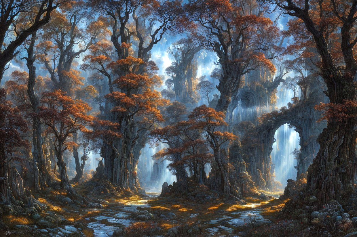 Ethereal forest scene with fiery orange leaves, ancient trees, mystical archways, waterfalls